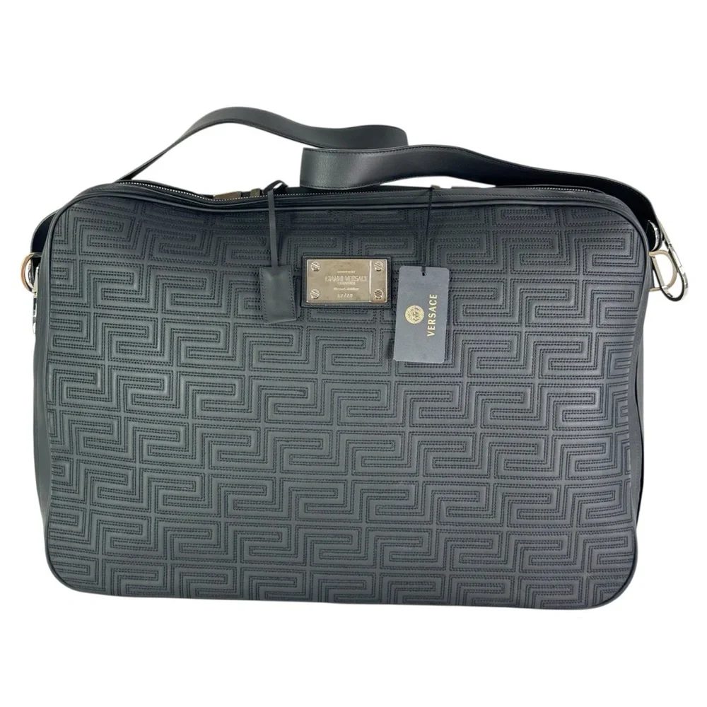 GIANNI VERSACE 12/20 Black Leather Business Duffel Weekender Bag Limited Edition